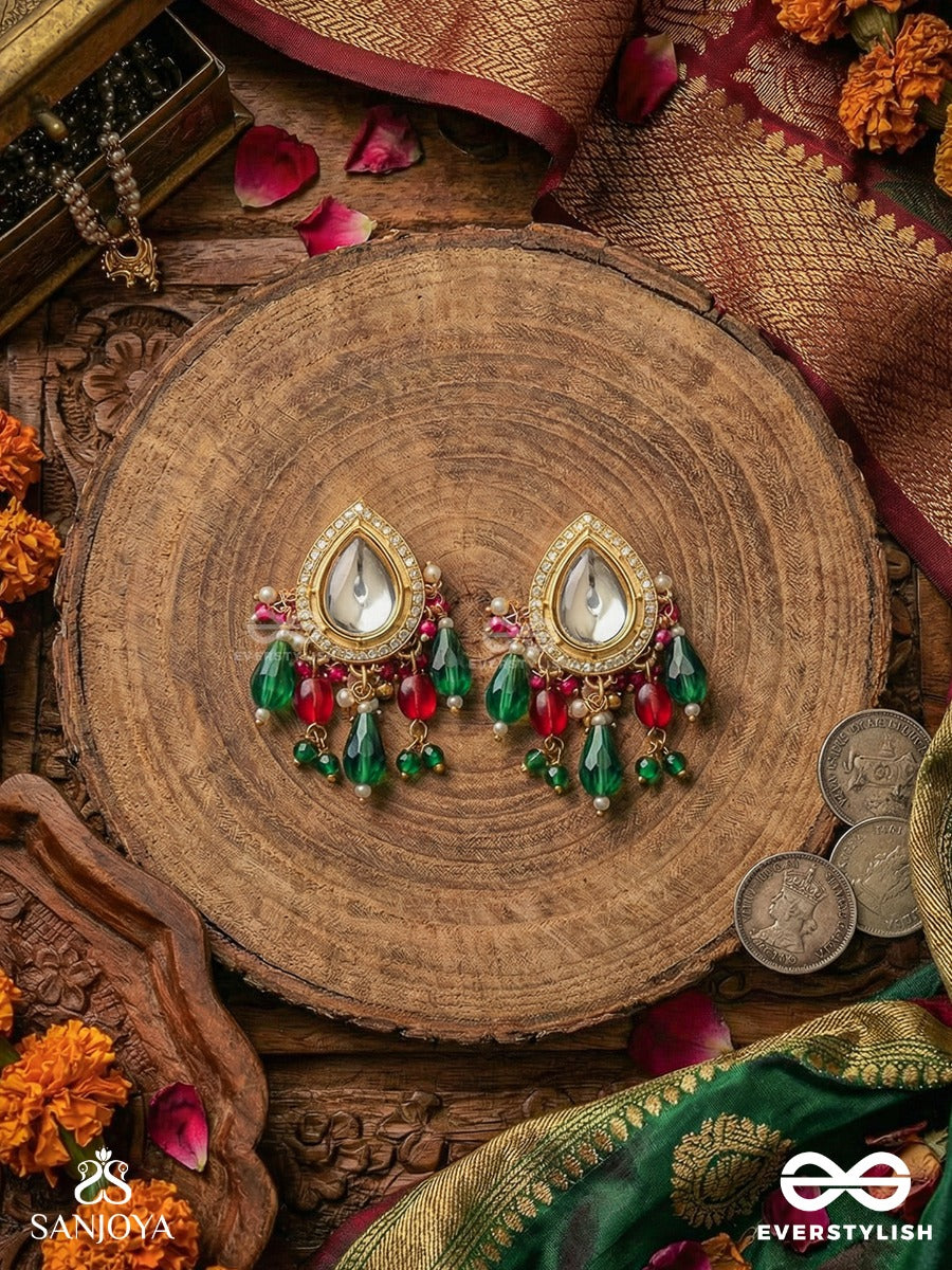 Maniprabha - Jewelled Radiance - Gold Framed Mirror Earrings With Multi-Hue Stone Cascade