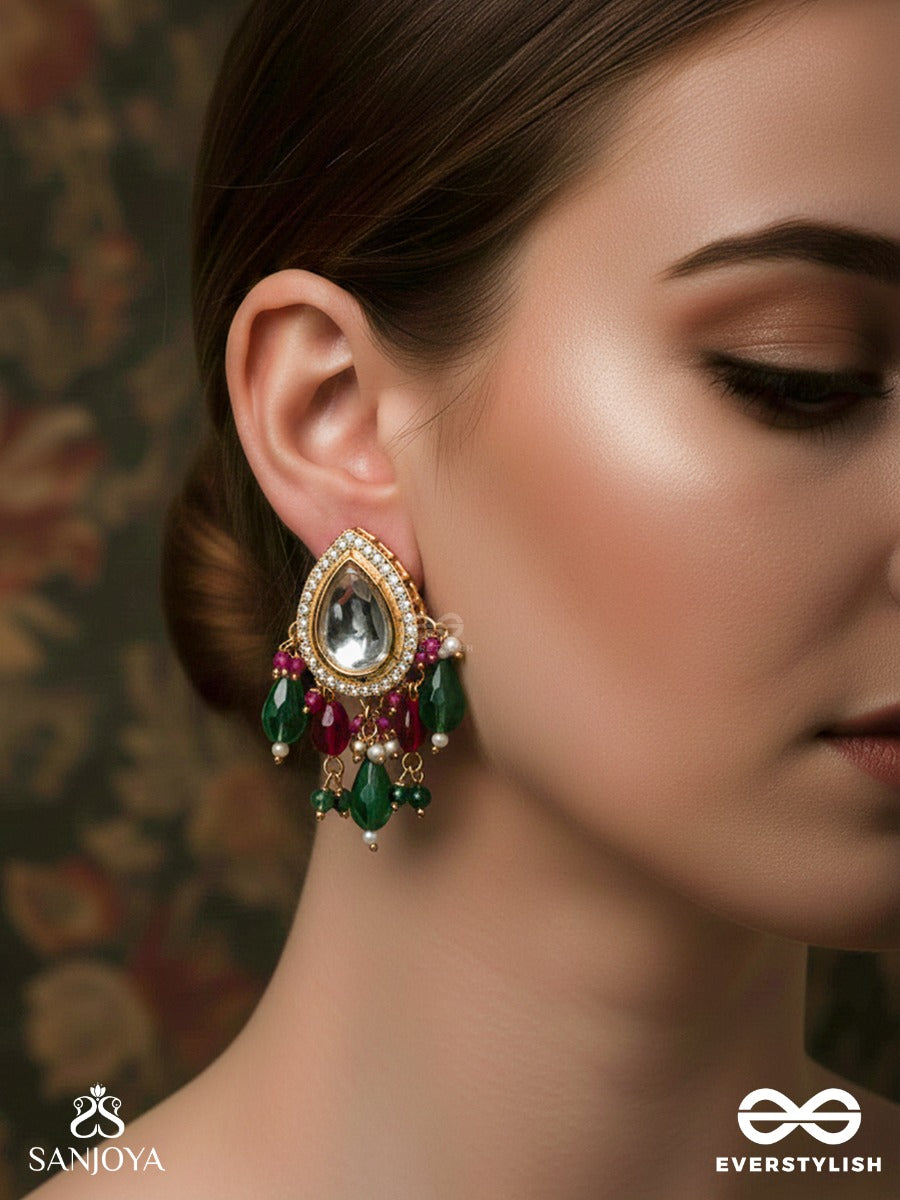 Maniprabha - Jewelled Radiance - Gold Framed Mirror Earrings With Multi-Hue Stone Cascade
