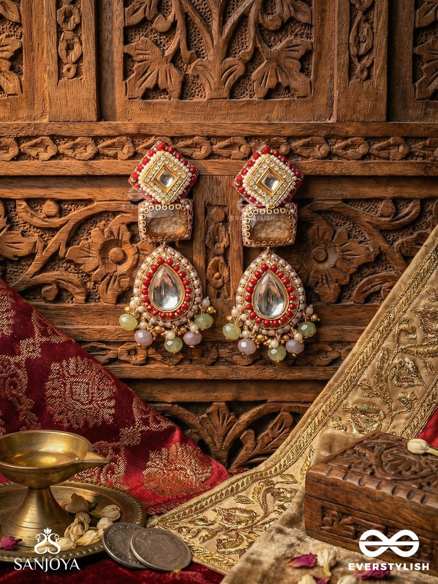 Prabhamala - Garland Of Radiance - Ornate Drop Earrings With Gemmed Panels, Mirror Teardrop Centre And Delicate Bead Fringe