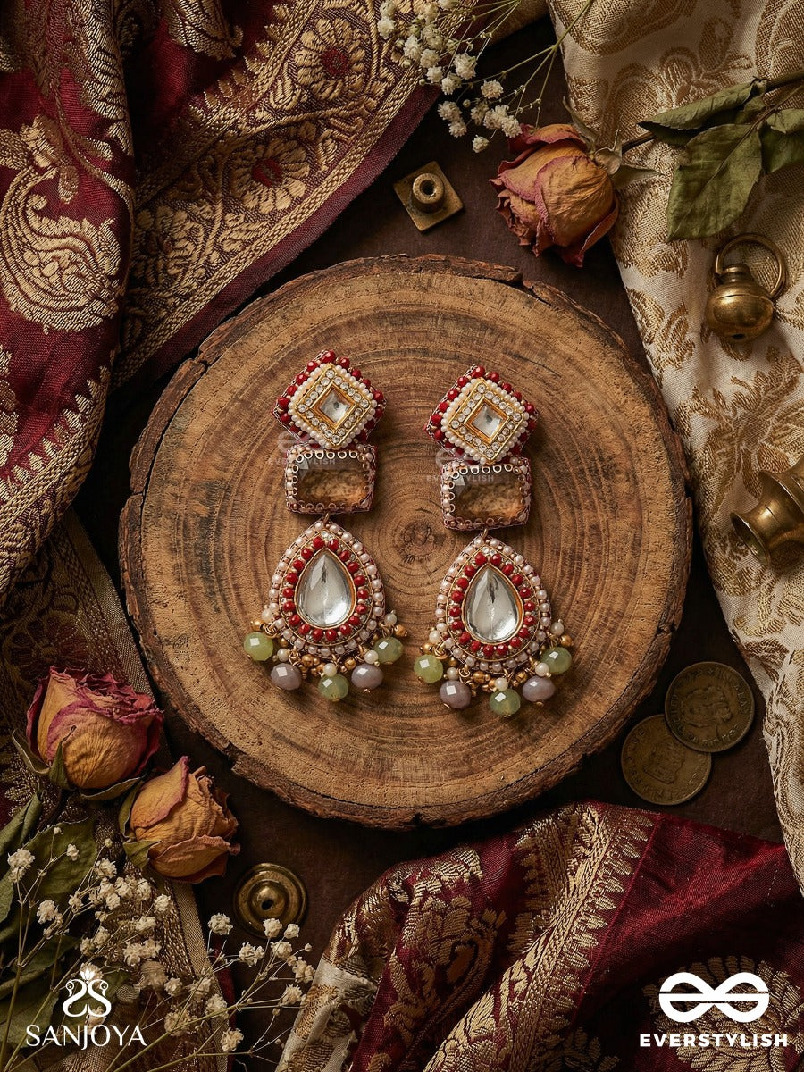 Prabhamala - Garland Of Radiance - Ornate Drop Earrings With Gemmed Panels, Mirror Teardrop Centre And Delicate Bead Fringe