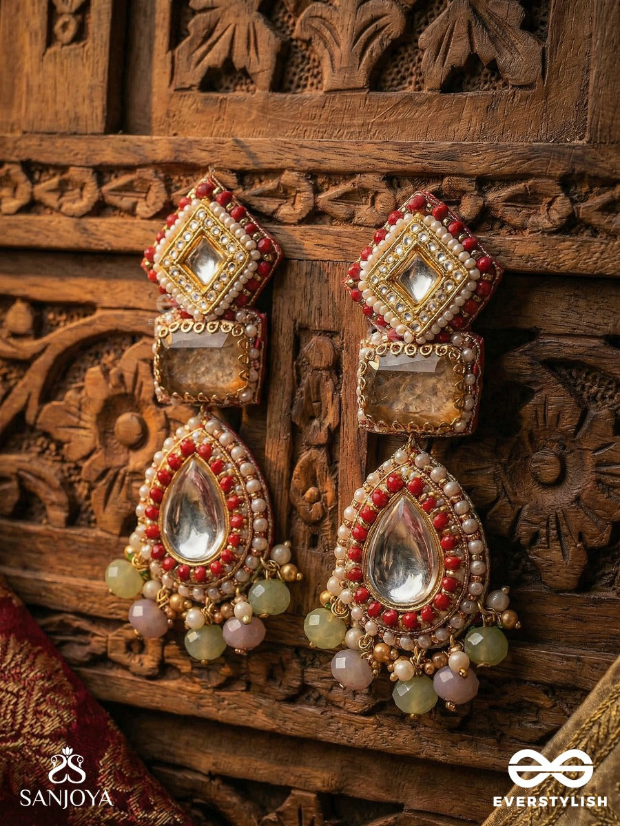 Prabhamala - Garland Of Radiance - Ornate Drop Earrings With Gemmed Panels, Mirror Teardrop Centre And Delicate Bead Fringe