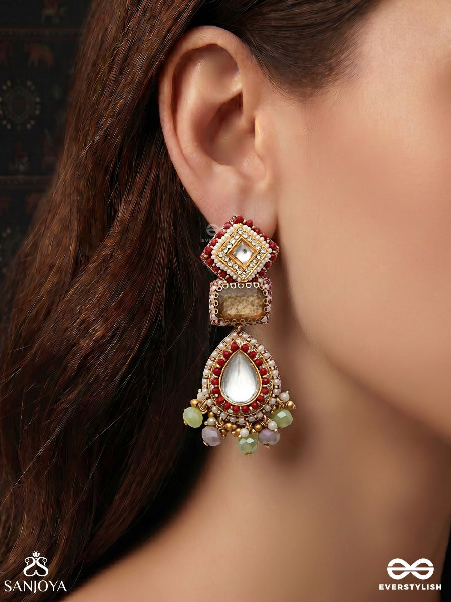Prabhamala - Garland Of Radiance - Ornate Drop Earrings With Gemmed Panels, Mirror Teardrop Centre And Delicate Bead Fringe