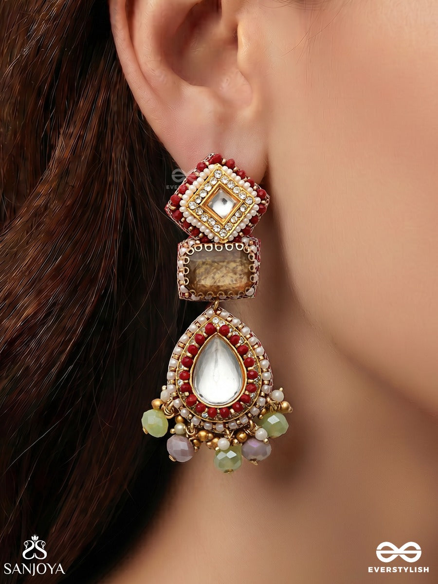 Prabhamala - Garland Of Radiance - Ornate Drop Earrings With Gemmed Panels, Mirror Teardrop Centre And Delicate Bead Fringe