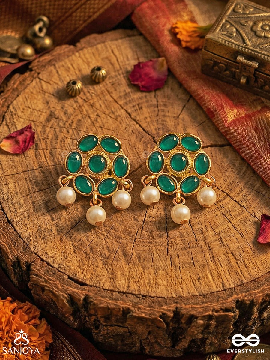 Marakatika - Emerald Essence - Round Gem-Set Stud Earrings With Pearl Drop Accents