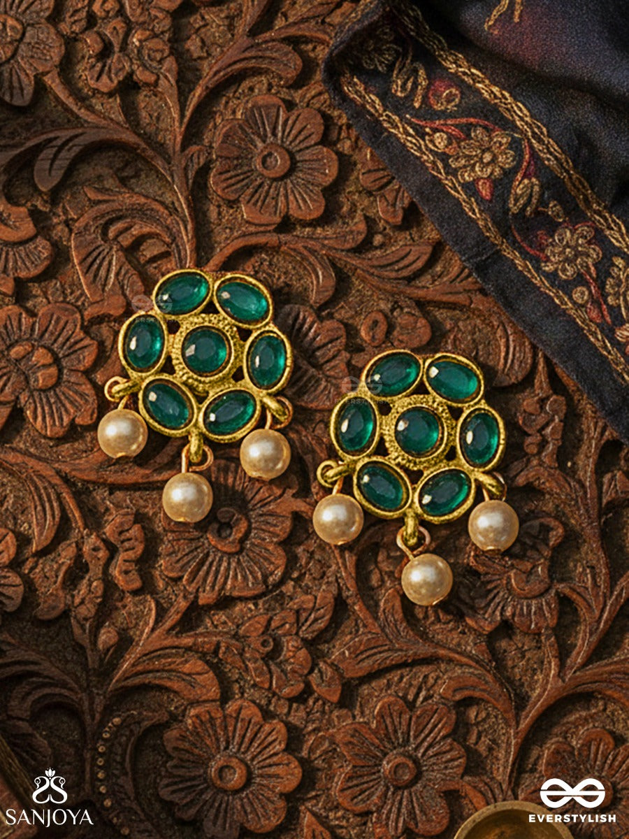 Marakatika - Emerald Essence - Round Gem-Set Stud Earrings With Pearl Drop Accents
