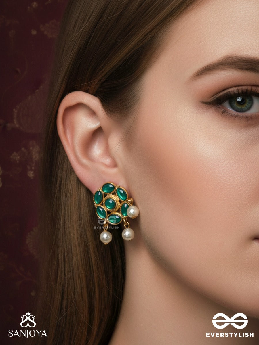 Marakatika - Emerald Essence - Round Gem-Set Stud Earrings With Pearl Drop Accents