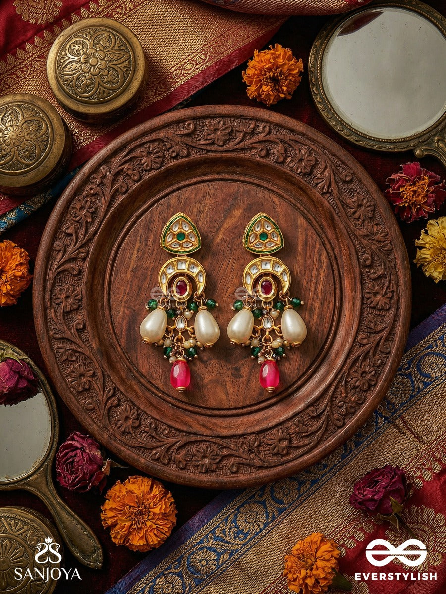 Shivanshi - Divine Trace - Kundan Arc Earrings With Crimson Oval Centre, Pearl Drops And Green Bead Accents