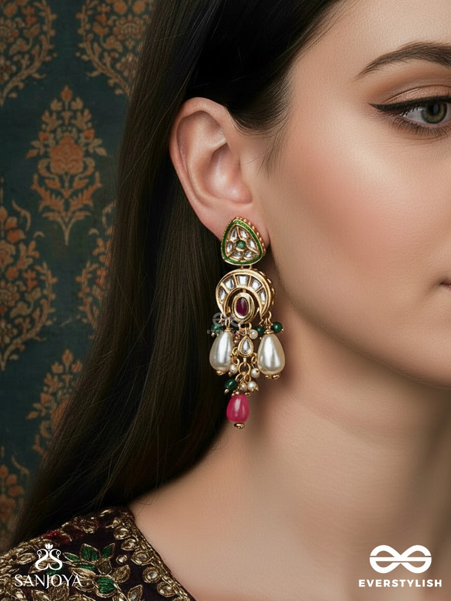 Shivanshi - Divine Trace - Kundan Arc Earrings With Crimson Oval Centre, Pearl Drops And Green Bead Accents