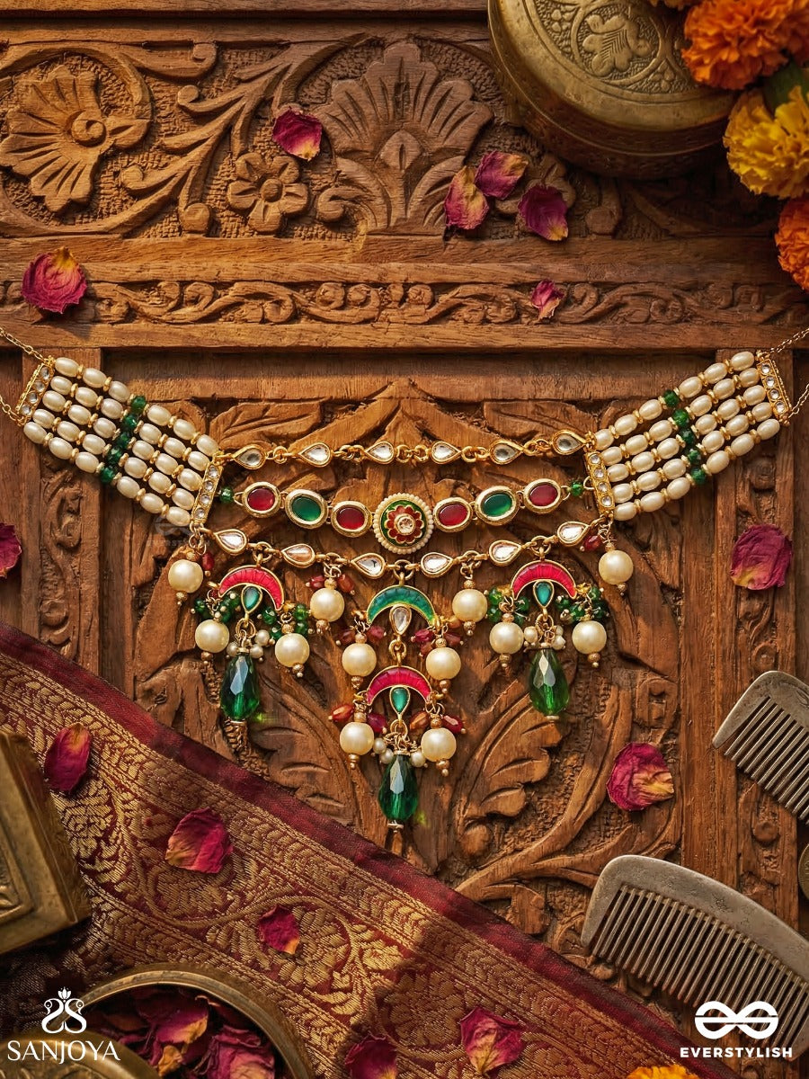 Ishvarika - Celestial Ornament - Multi-Strand Pearl Necklace With Turquoise Crescent Panels And Gem Drop Fringes