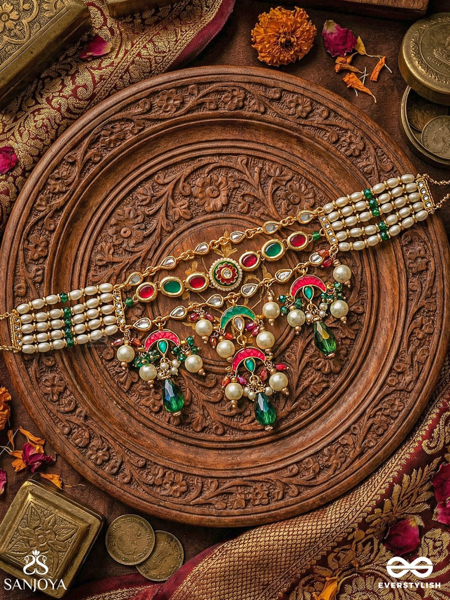 Ishvarika - Celestial Ornament - Multi-Strand Pearl Necklace With Turquoise Crescent Panels And Gem Drop Fringes