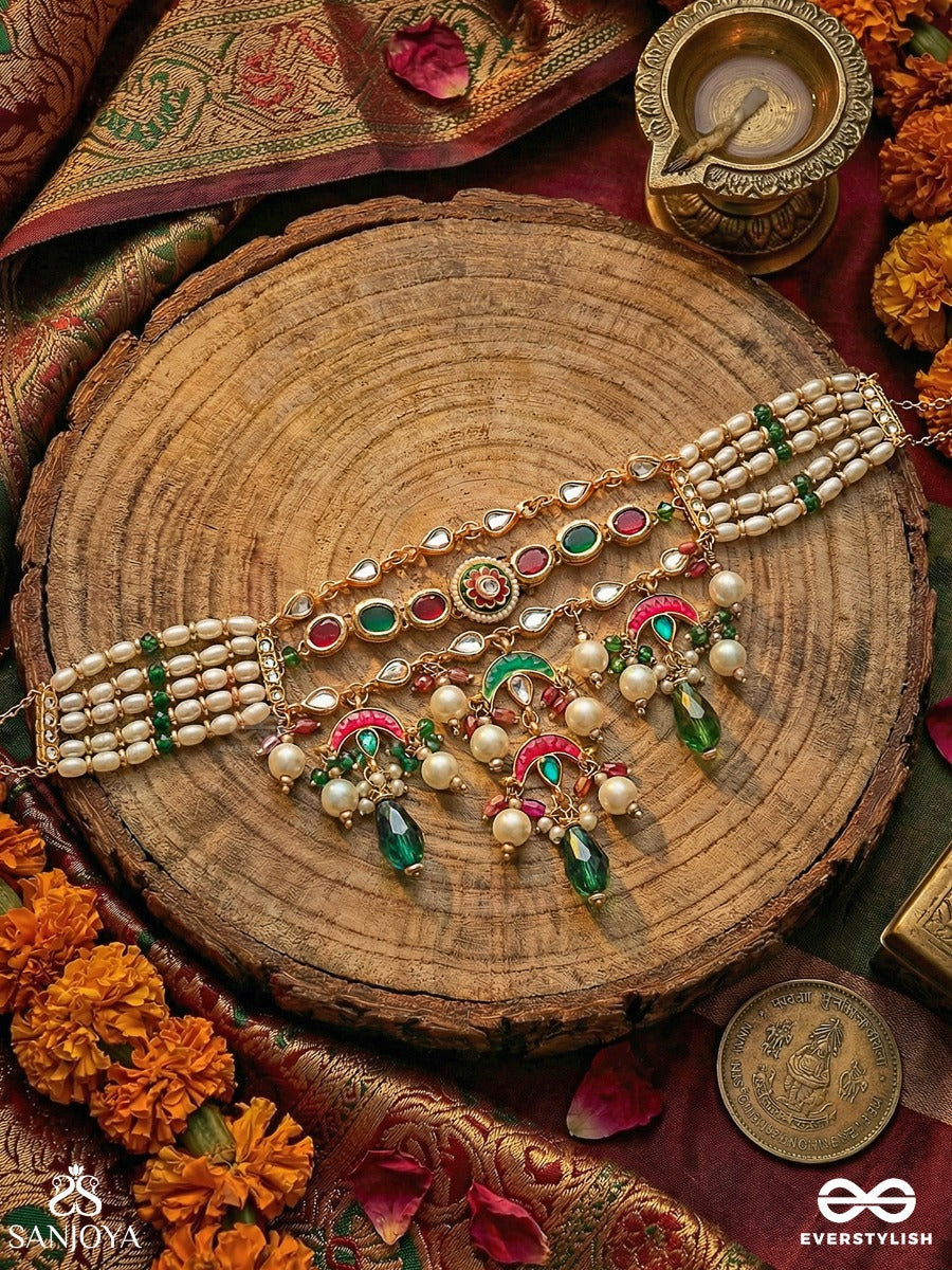 Ishvarika - Celestial Ornament - Multi-Strand Pearl Necklace With Turquoise Crescent Panels And Gem Drop Fringes