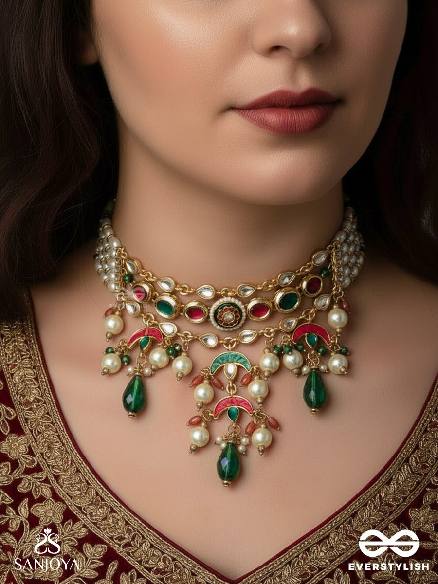 Ishvarika - Celestial Ornament - Multi-Strand Pearl Necklace With Turquoise Crescent Panels And Gem Drop Fringes