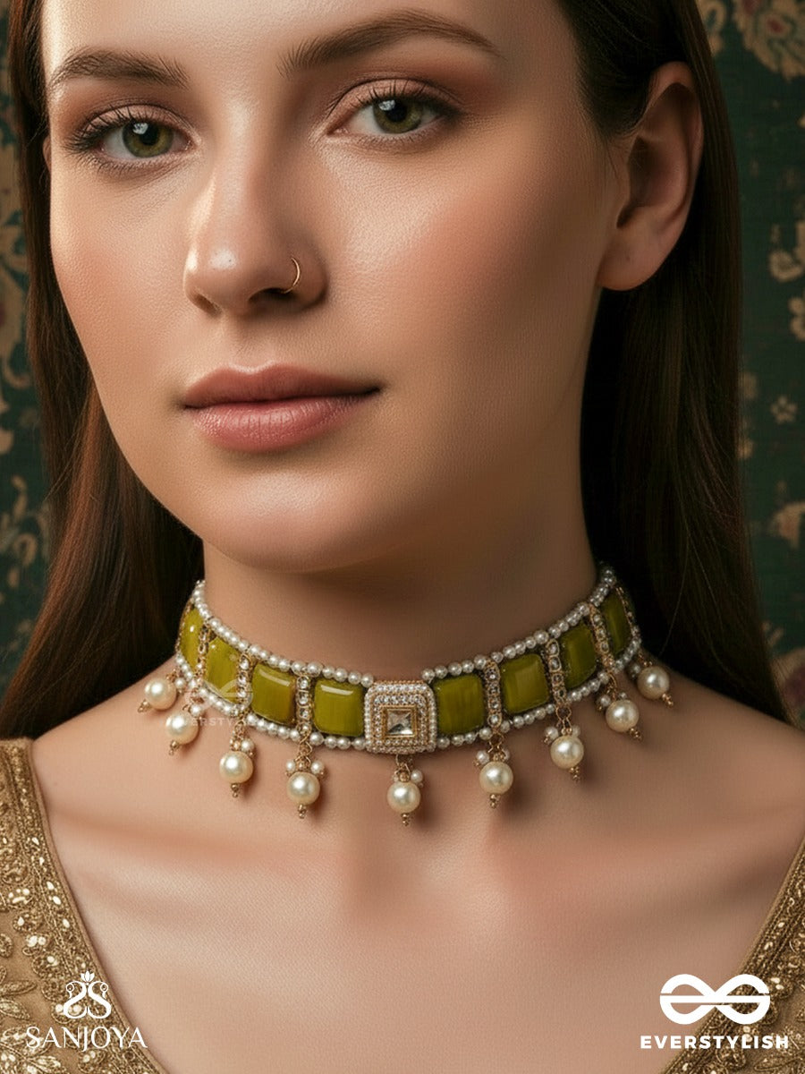 Kshonika - Earth-Toned Ornament - Geometric Green Panel Necklace With Delicate Pearl Drops