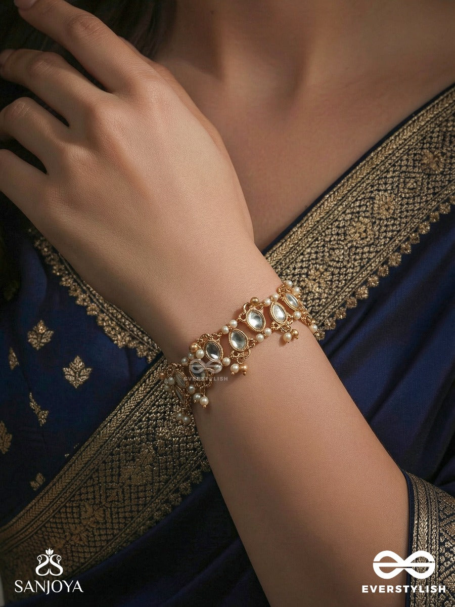 Kanakrekha - Golden Rhythm - Symmetrical Gem-Link Bracelet With Pearl Cluster Embellishments