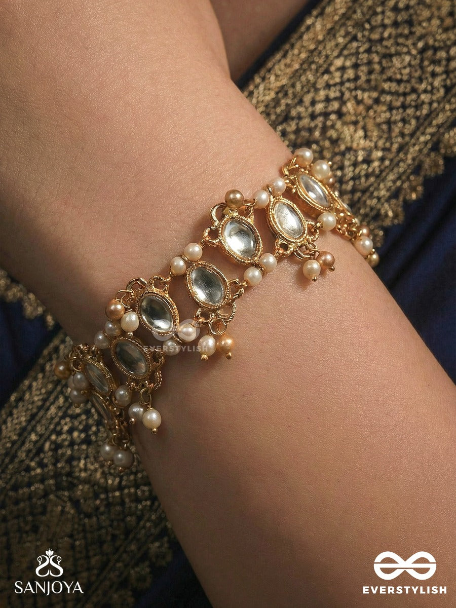 Kanakrekha - Golden Rhythm - Symmetrical Gem-Link Bracelet With Pearl Cluster Embellishments