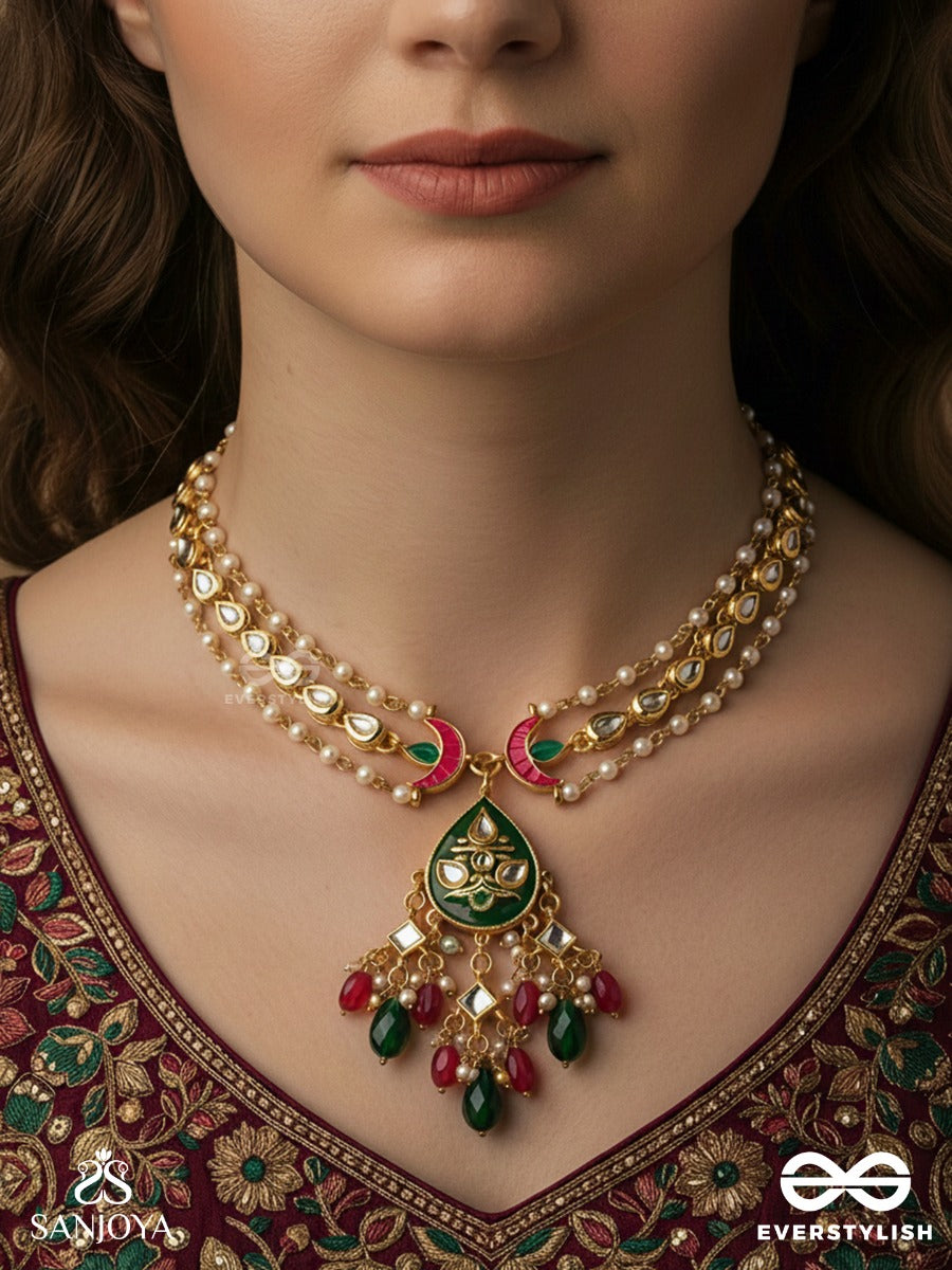 Maniratna - Jewelled Treasure - Pearl Strand Necklace With Ornate Gem Pendant And Drop Fringe