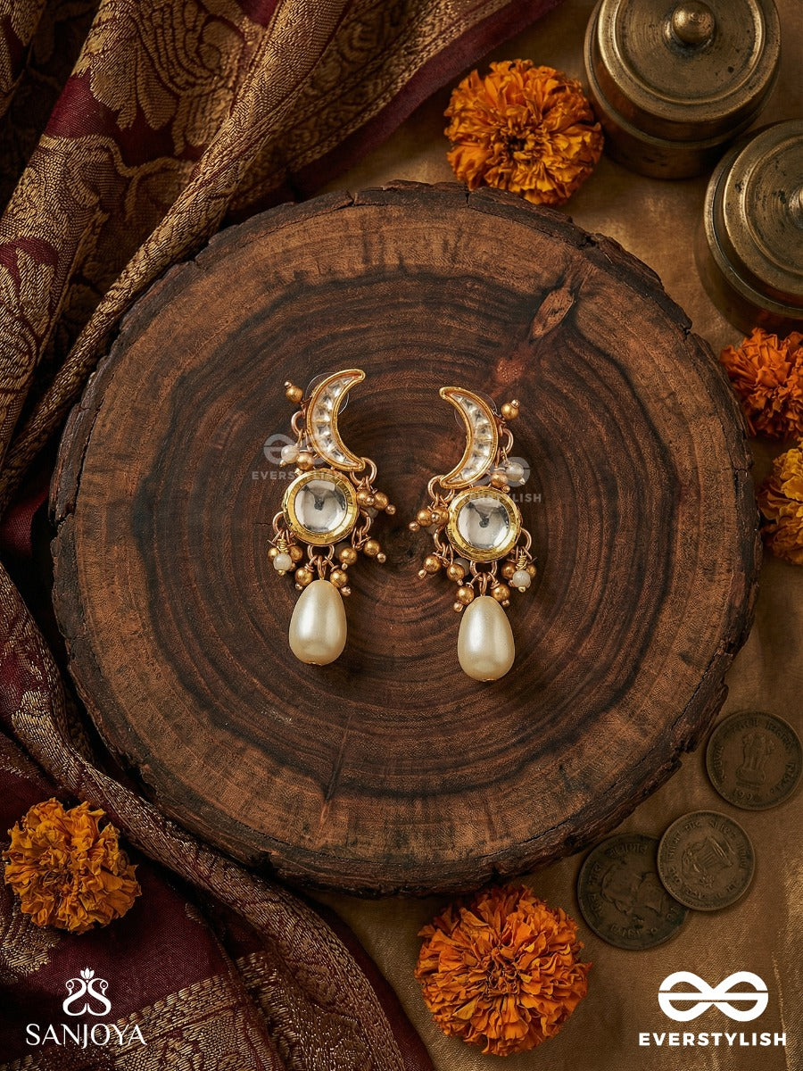 Nishitha - Night Bloom - Moon-Shaped Earrings With Reflective Mirror Disc, Delicate Bead Halo And Teardrop Pearl Finish