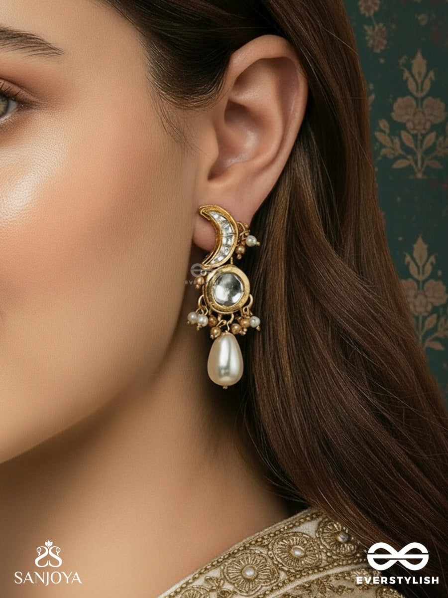 Nishitha - Night Bloom - Moon-Shaped Earrings With Reflective Mirror Disc, Delicate Bead Halo And Teardrop Pearl Finish