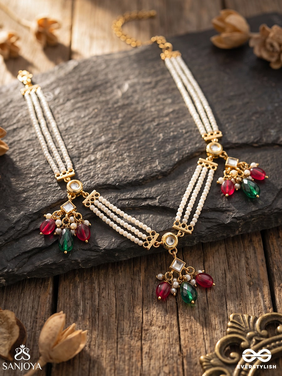Aaranyika - Forest Melody - Triple-Strand Pearl Necklace With Floral Gem Clusters And Ruby-Green Accents