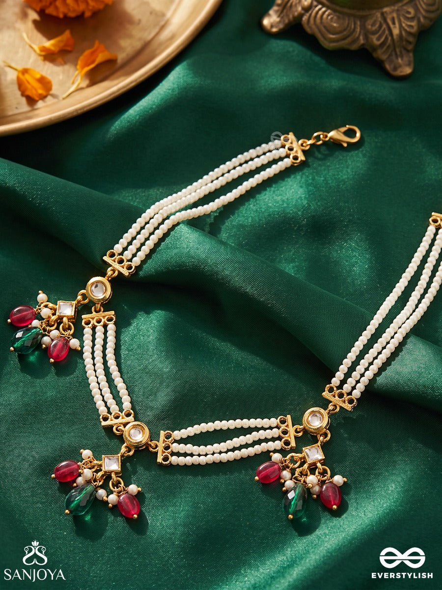 Aaranyika - Forest Melody - Triple-Strand Pearl Necklace With Floral Gem Clusters And Ruby-Green Accents