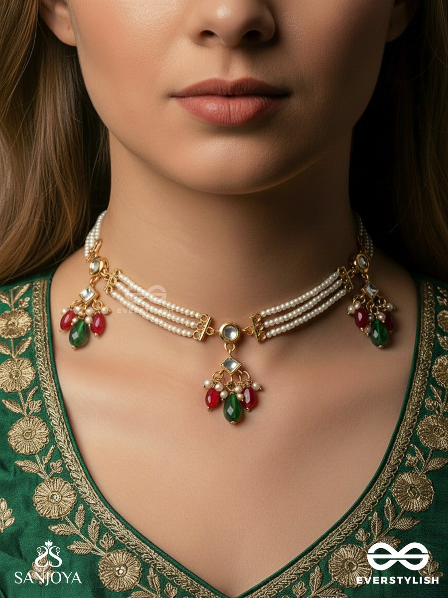 Aaranyika - Forest Melody - Triple-Strand Pearl Necklace With Floral Gem Clusters And Ruby-Green Accents