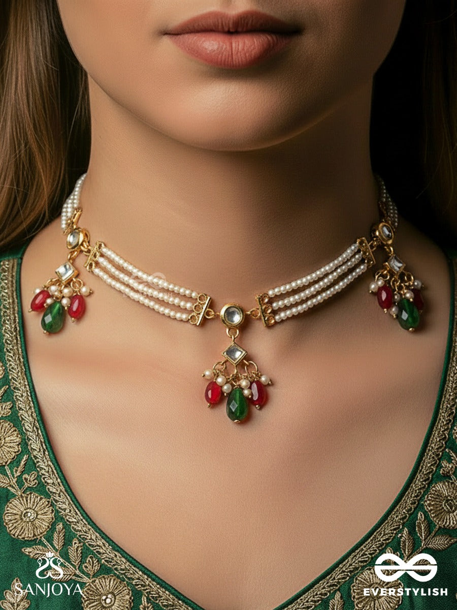 Aaranyika - Forest Melody - Triple-Strand Pearl Necklace With Floral Gem Clusters And Ruby-Green Accents