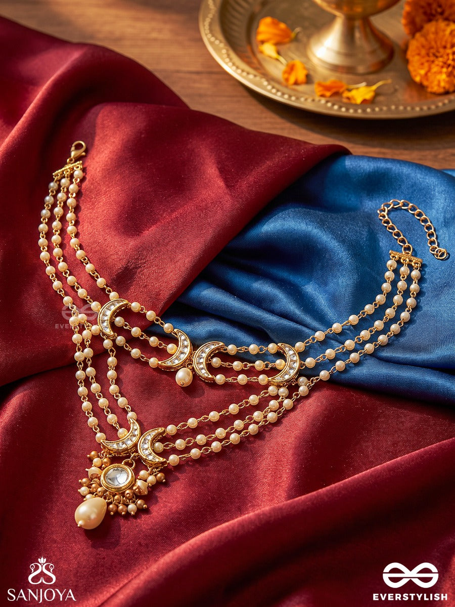 Nishitha - Night Bloom - Layered Pearl Neckpiece With Ornamented Connectors And Mirror-Centred Pendant Drop