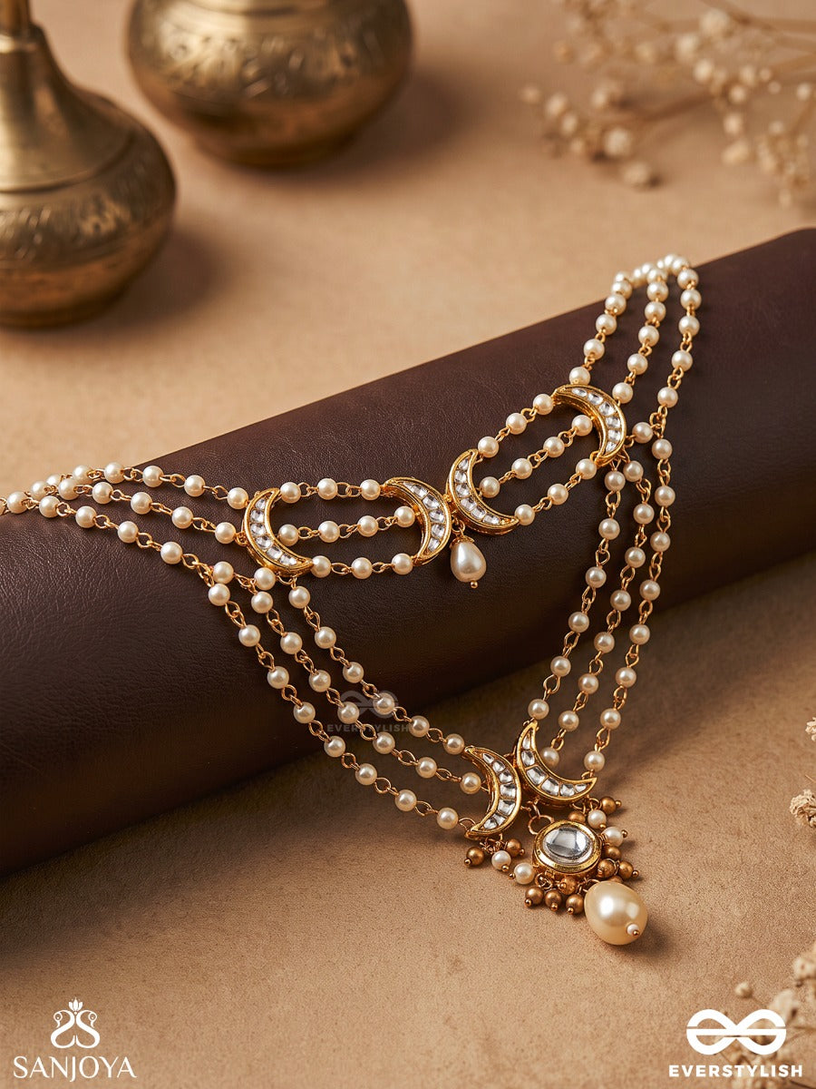 Nishitha - Night Bloom - Layered Pearl Neckpiece With Ornamented Connectors And Mirror-Centred Pendant Drop