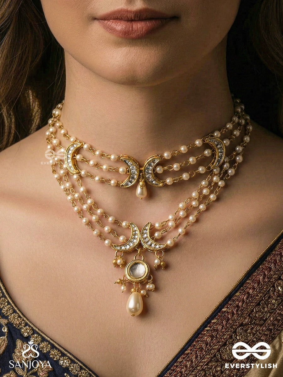 Nishitha - Night Bloom - Layered Pearl Neckpiece With Ornamented Connectors And Mirror-Centred Pendant Drop