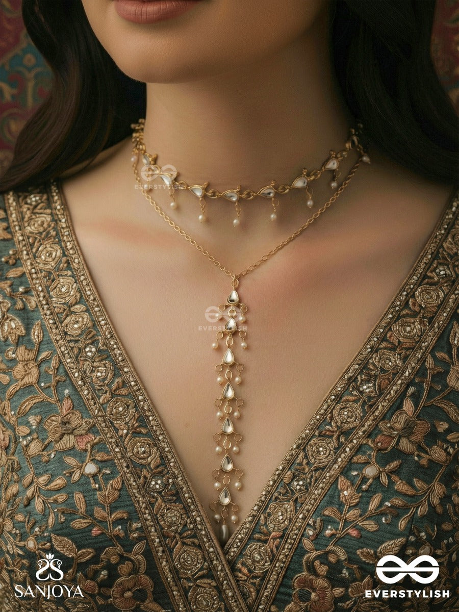 Mrinmayee - Soft Glow - Dual-Layer Necklace With Delicate Pearl Sprigs And Cascading Centre Drop