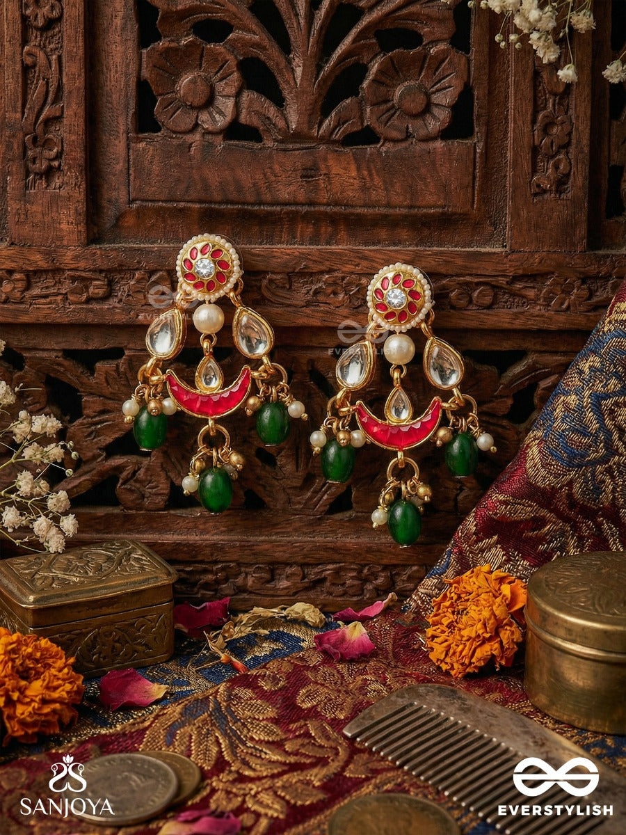 Kumudiniya - Night Lotus - Polki-Set Crescent Earrings With Reflective Mirror Accents, Ruby Arc Detail And Emerald Drop Finish