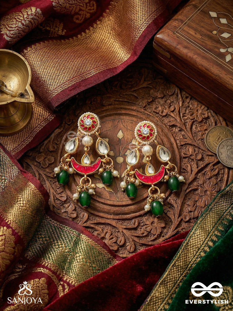 Kumudiniya - Night Lotus - Polki-Set Crescent Earrings With Reflective Mirror Accents, Ruby Arc Detail And Emerald Drop Finish