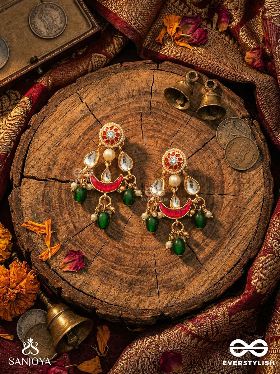 Kumudiniya - Night Lotus - Polki-Set Crescent Earrings With Reflective Mirror Accents, Ruby Arc Detail And Emerald Drop Finish