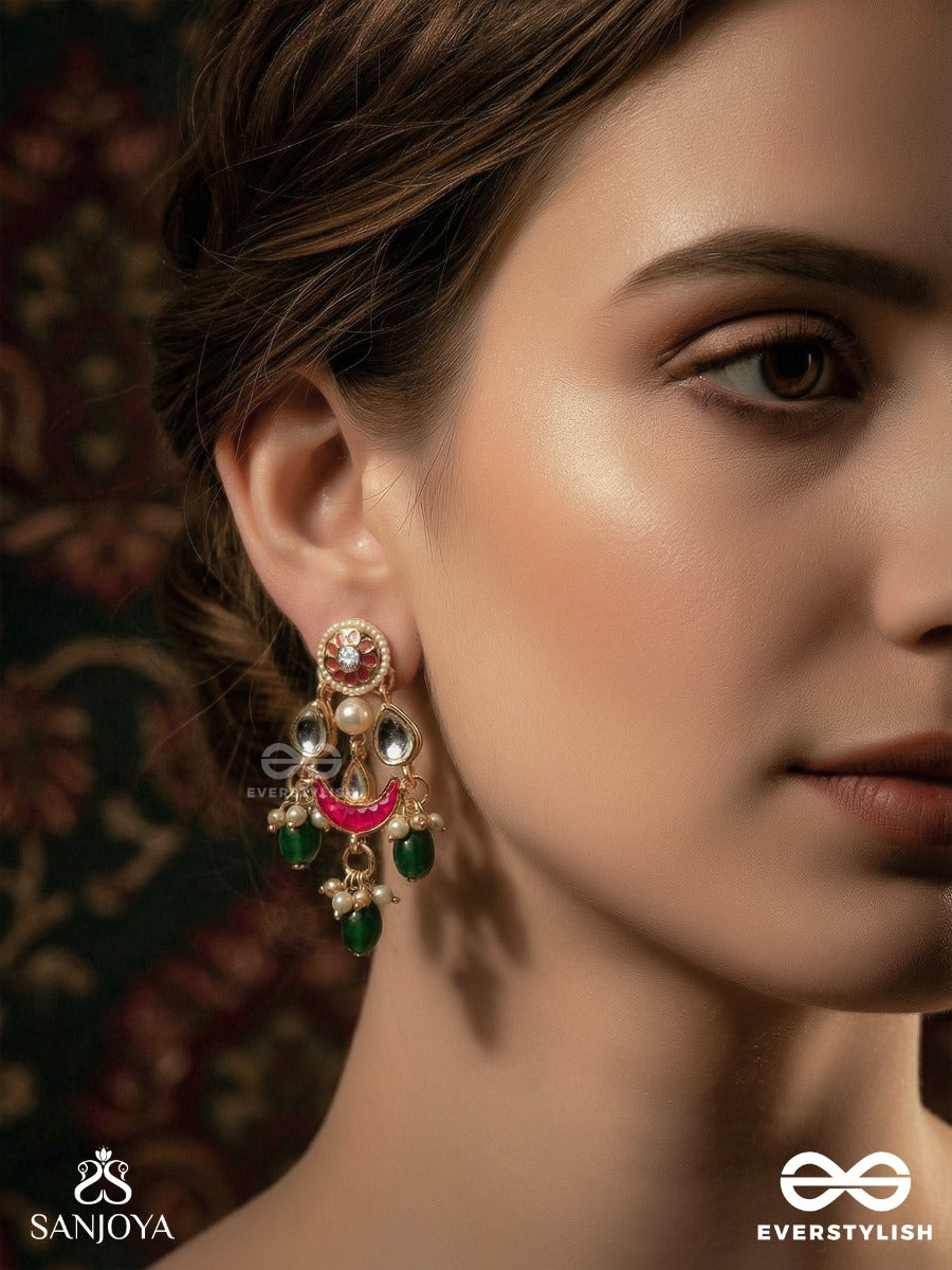 Kumudiniya - Night Lotus - Polki-Set Crescent Earrings With Reflective Mirror Accents, Ruby Arc Detail And Emerald Drop Finish