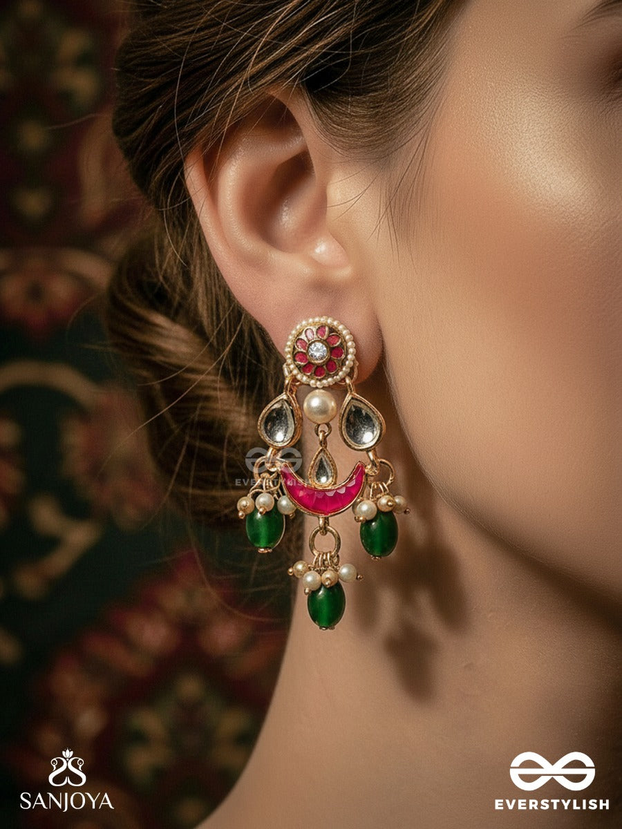 Kumudiniya - Night Lotus - Polki-Set Crescent Earrings With Reflective Mirror Accents, Ruby Arc Detail And Emerald Drop Finish