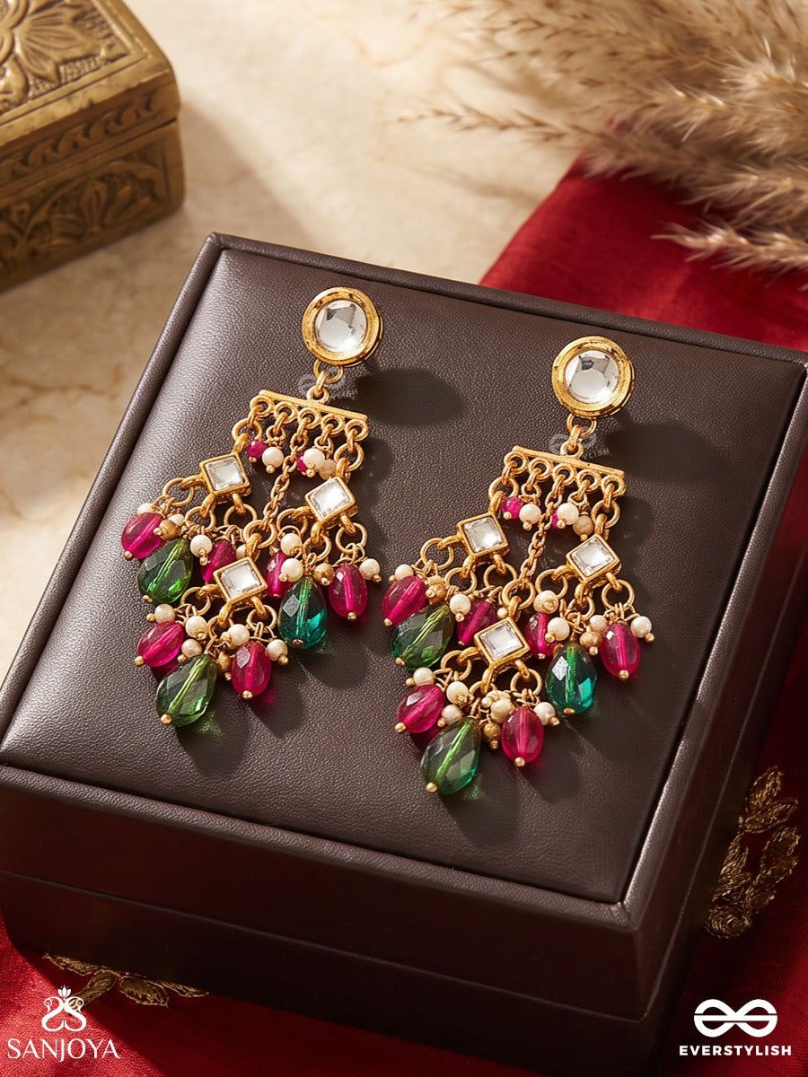 Vasuragini - Lustre Of Treasures - Festive Drop Earrings With Kundan Accents And Colourful Gem Cascade