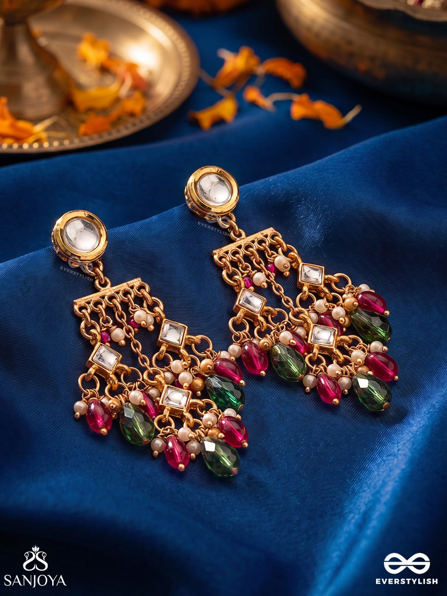 Vasuragini - Lustre Of Treasures - Festive Drop Earrings With Kundan Accents And Colourful Gem Cascade