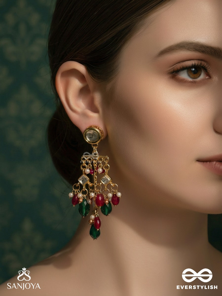 Vasuragini - Lustre Of Treasures - Festive Drop Earrings With Kundan Accents And Colourful Gem Cascade