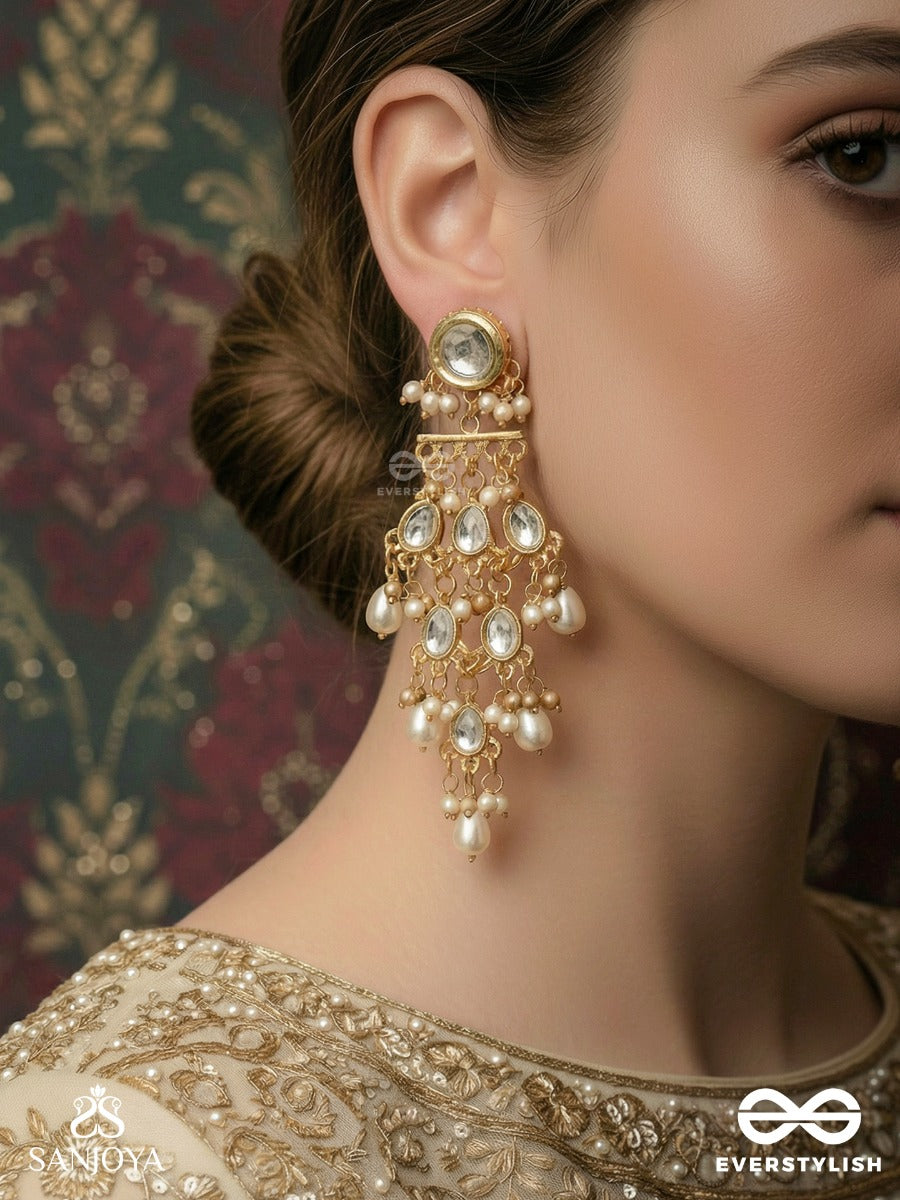 Indumanjari - Cluster Of Moons - Tiered Polki Earrings With Mirror Stud And Pearl Drop Cascade