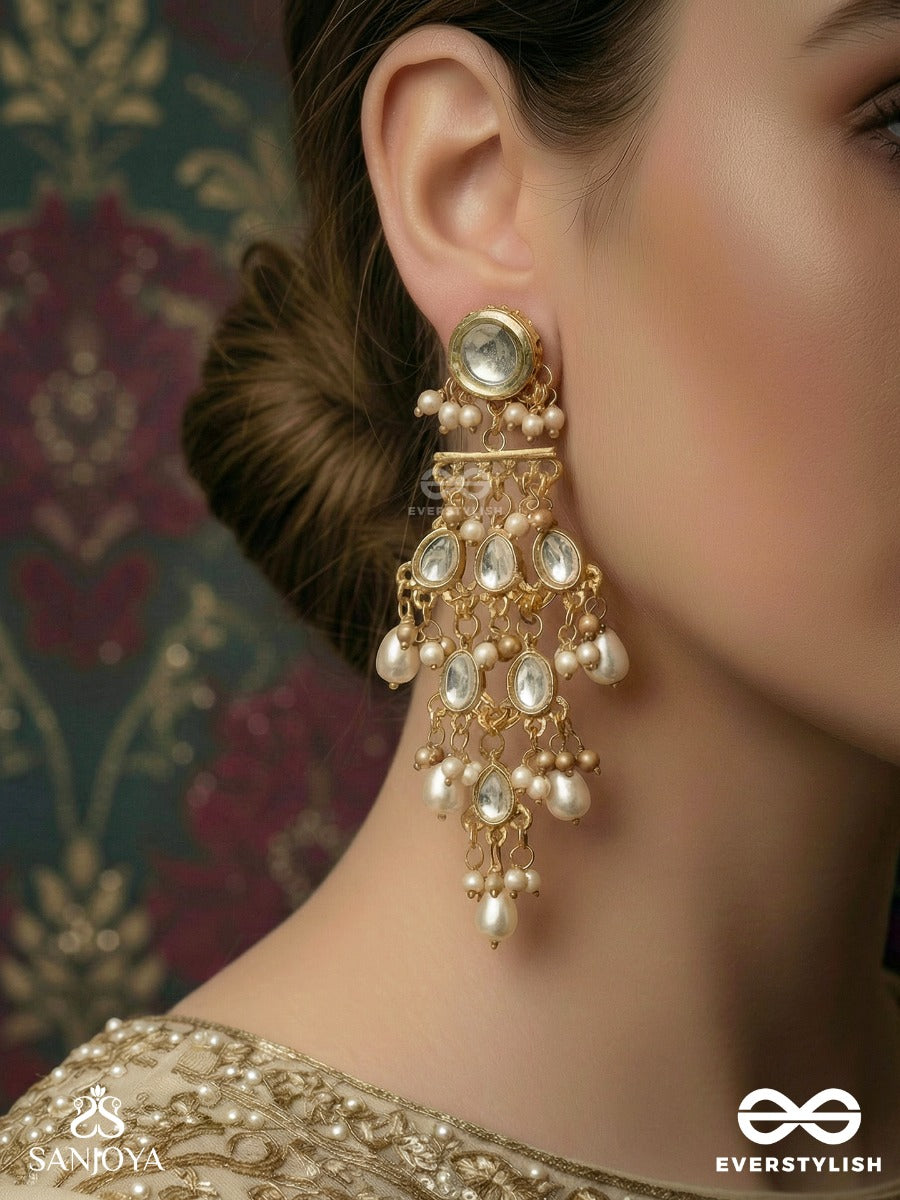 Indumanjari - Cluster Of Moons - Tiered Polki Earrings With Mirror Stud And Pearl Drop Cascade