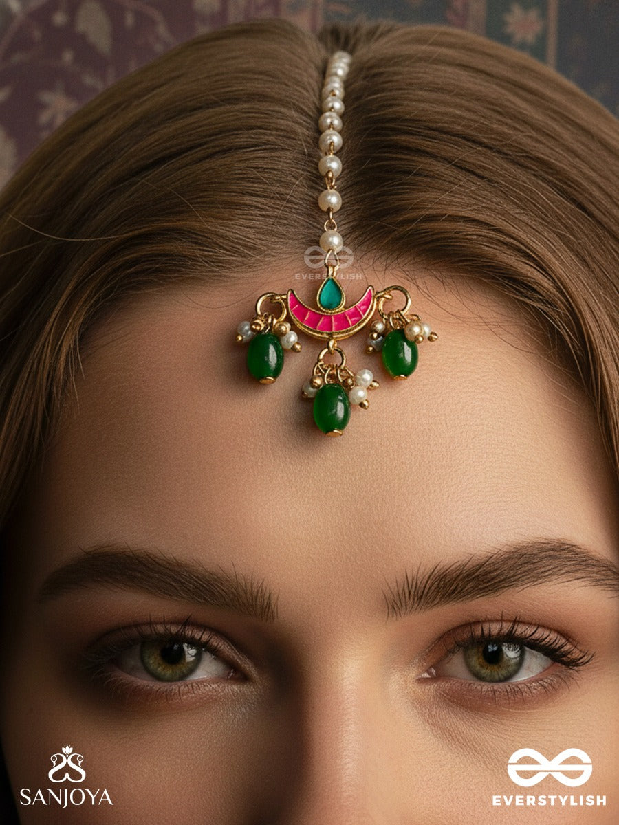 Somranjani - Moon Enchantment - Slender Chain Maangtika With Enamelled Crescent And Emerald Drop Accents