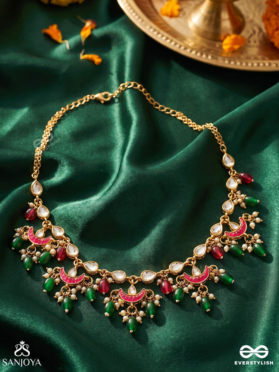 Vanamala - Forest Garland - Scalloped Necklace With Ruby-Toned Arcs, Emerald Drops And Pearl Highlights