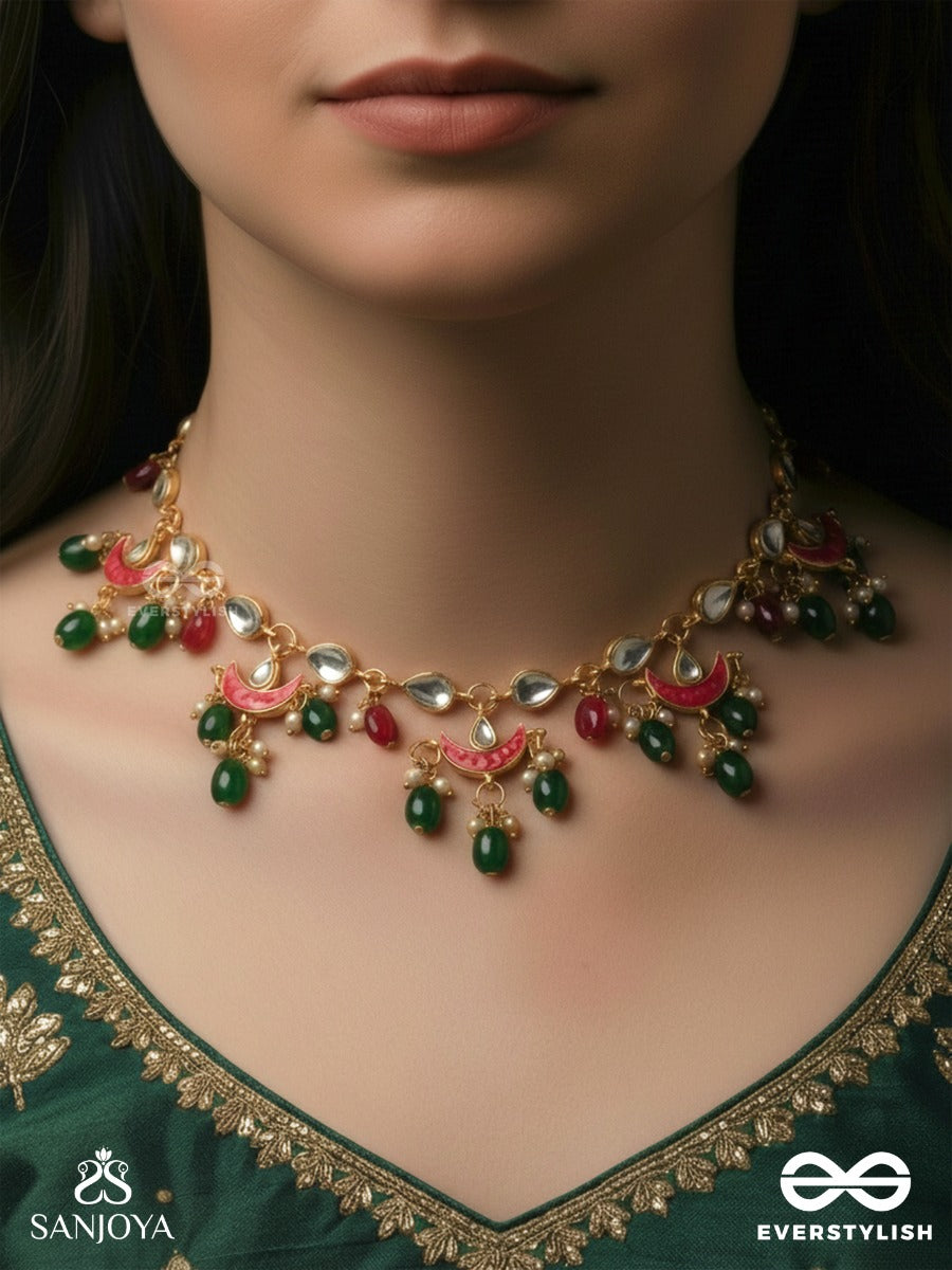 Vanamala - Forest Garland - Scalloped Necklace With Ruby-Toned Arcs, Emerald Drops And Pearl Highlights