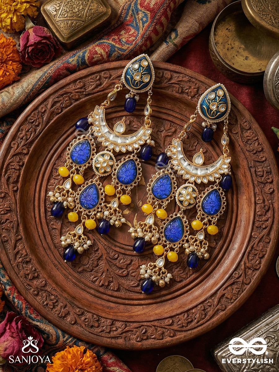 Ambarleena - Sky Embrace - Grand Chandelier Kashmiri Earrings With Cobalt Panels, Gold Filigree And Drop Accents