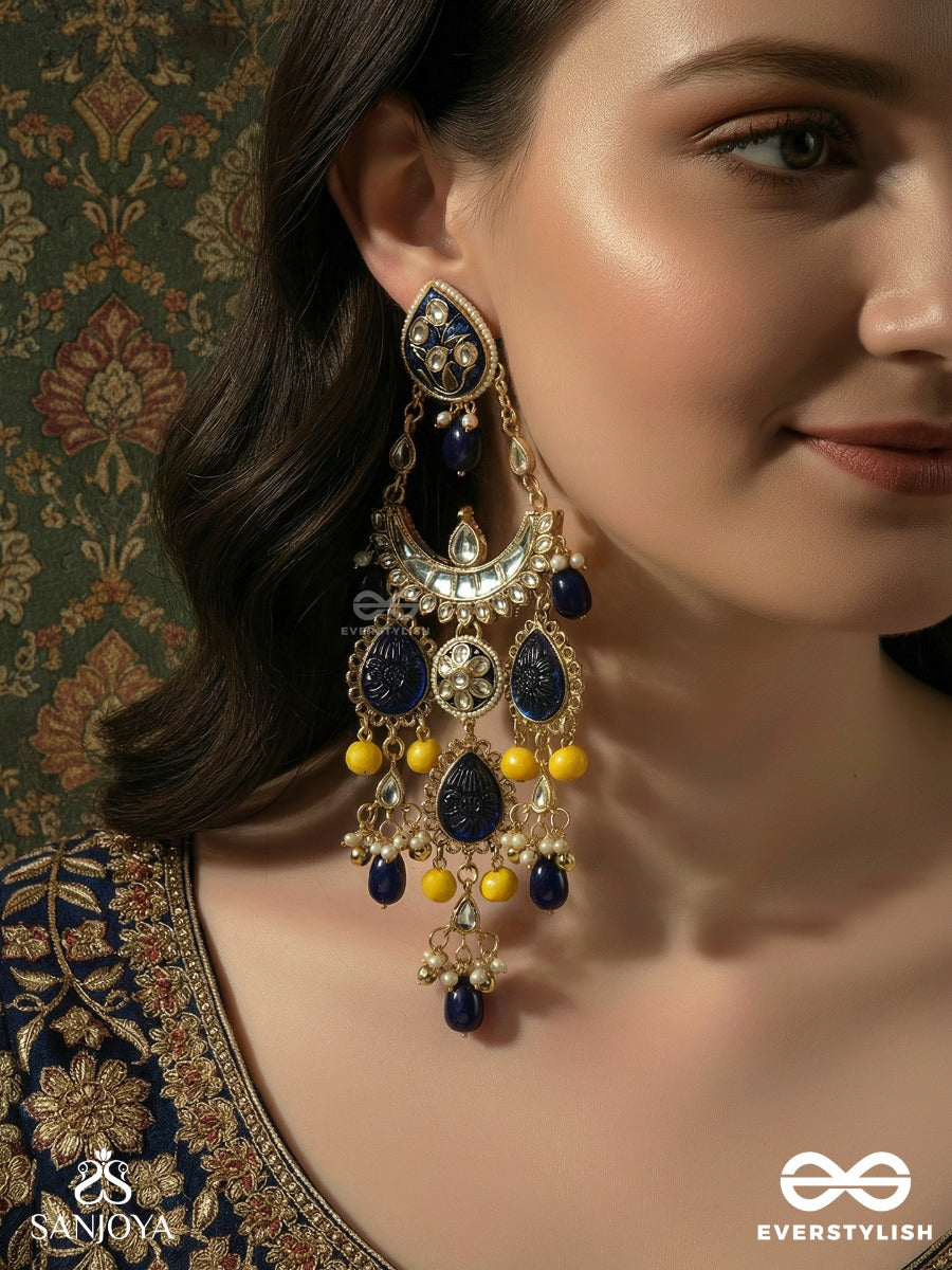 Ambarleena - Sky Embrace - Grand Chandelier Kashmiri Earrings With Cobalt Panels, Gold Filigree And Drop Accents
