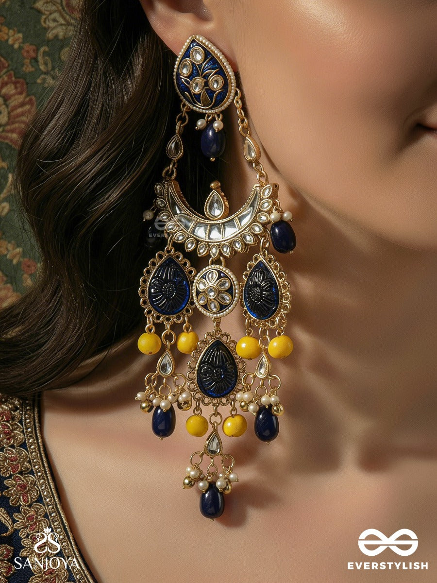 Ambarleena - Sky Embrace - Grand Chandelier Kashmiri Earrings With Cobalt Panels, Gold Filigree And Drop Accents