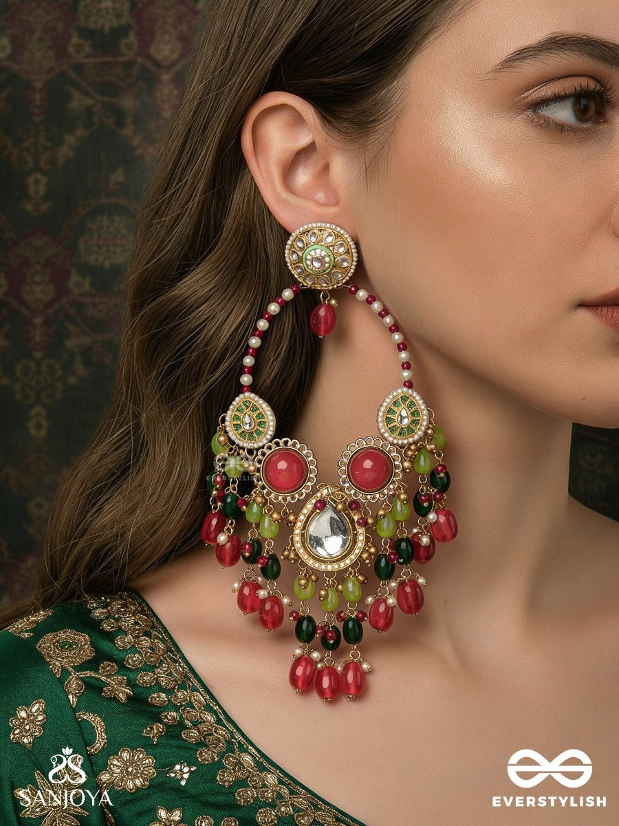 Rangmahima - Colourful Splendour - Grand Chandelier Kashmiri Earrings With Coral Panels, Mirror Centre And Vibrant Gem Cascade
