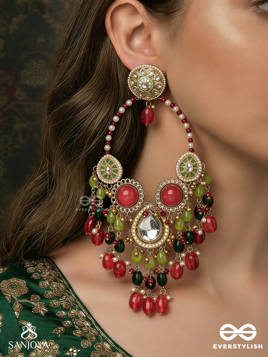 Rangmahima - Colourful Splendour - Grand Chandelier Kashmiri Earrings With Coral Panels, Mirror Centre And Vibrant Gem Cascade