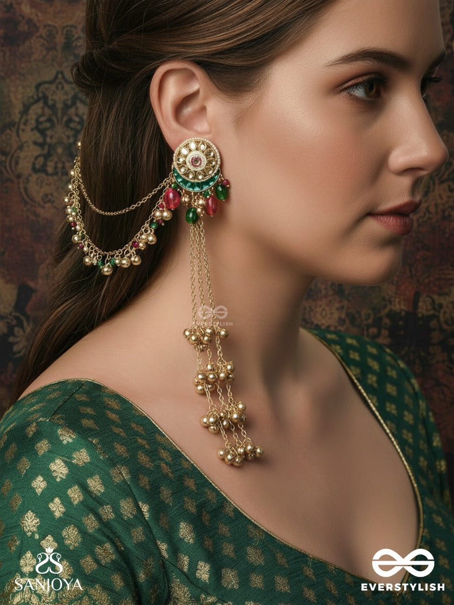 Shahkunj - Royal Garden - Kashmiri Chain Earrings With Crescent Detail, Gem Accents And Ghungroo Cascade