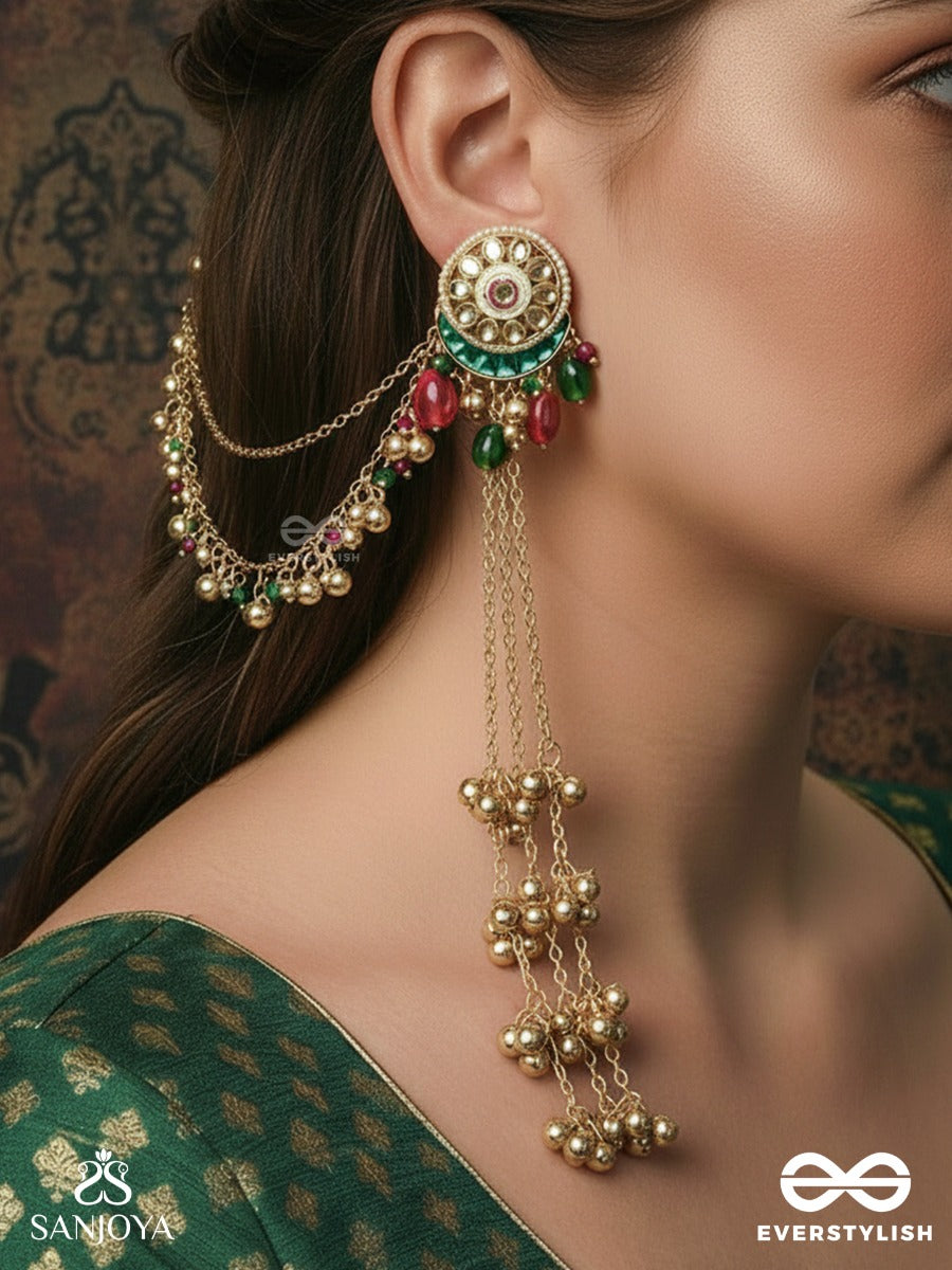 Shahkunj - Royal Garden - Kashmiri Chain Earrings With Crescent Detail, Gem Accents And Ghungroo Cascade